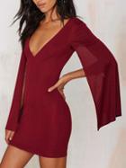 Shein Red V Neck Split Sleeve Bodycon Dress
