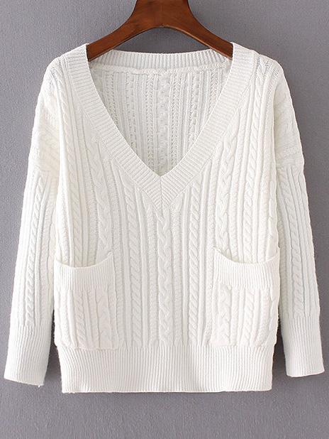 Shein White Cable Knit V Neck Pocket Sweater