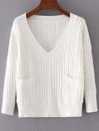 Shein White Cable Knit V Neck Pocket Sweater