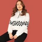 Shein Plus O-ring Zip Front Plaid Panel Sweatshirt