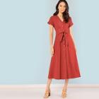 Shein Roll Up Sleeve Button Up Belted Dress