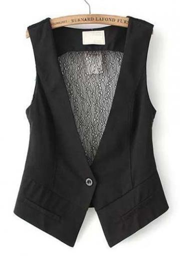 Rosewe Woman Essential V Neck Lace Patchwork Black Waistcoat