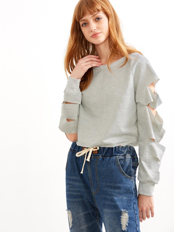 Shein Grey Cut Out Sleeve Crop Sweatshirt