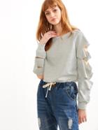 Shein Grey Cut Out Sleeve Crop Sweatshirt