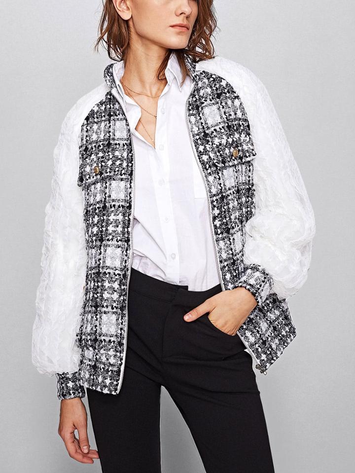 Shein Frilled Mesh Raglan Sleeve Checkered Tweed Jacket