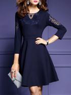 Shein Navy Contrast Gauze Embroidered A-line Dress