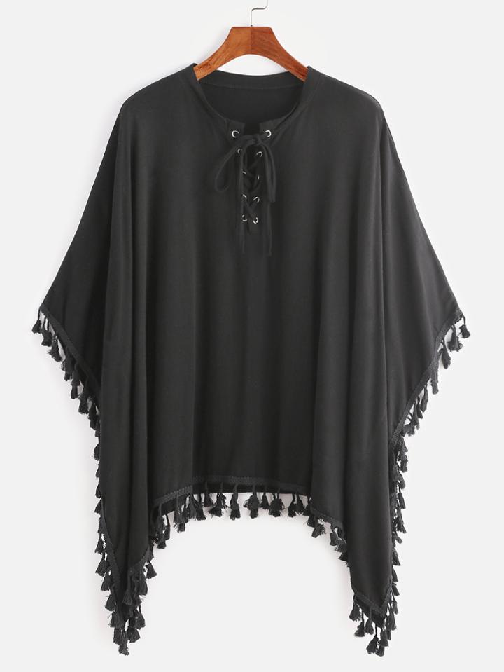 Shein Black Lace Up Fringe Hem Cape T-shirt