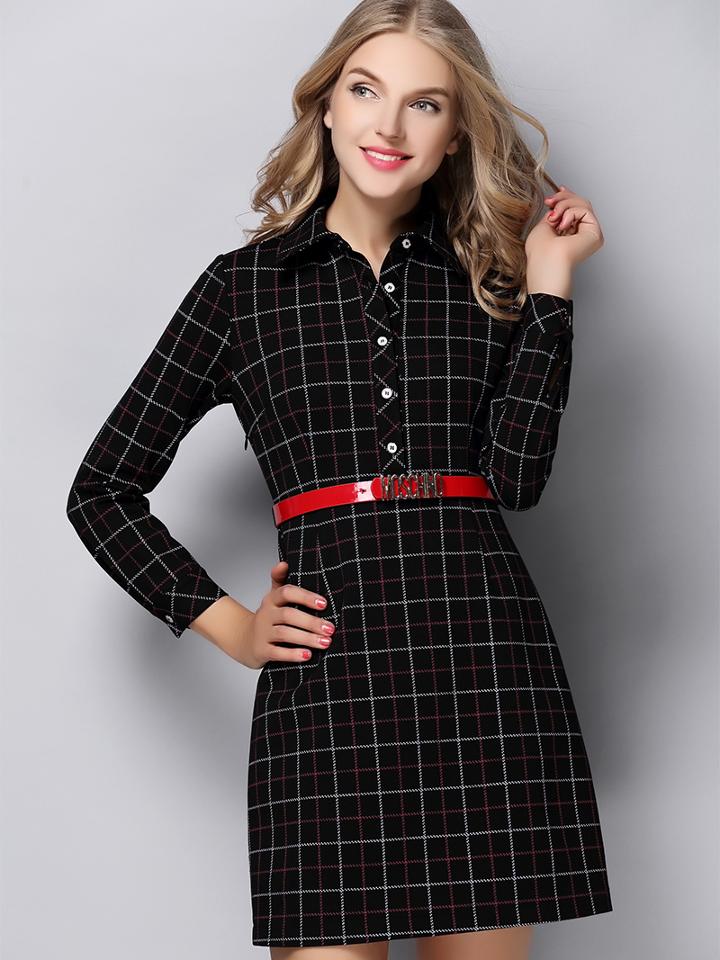 Shein Black Lapel Long Sleeve Drawstring Print Dress