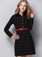 Shein Black Lapel Long Sleeve Drawstring Print Dress
