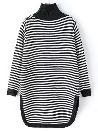 Shein Black White High Neck Striped Loose Sweater
