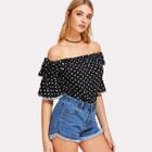 Shein Lace Trim Polka Dot Off Shoulder Top