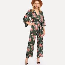 Shein Self Belted Surplice Wrap Botanical Jumpsuit