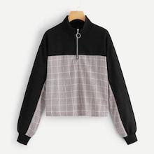 Shein Quarter Zip Plaid Sweatshirt