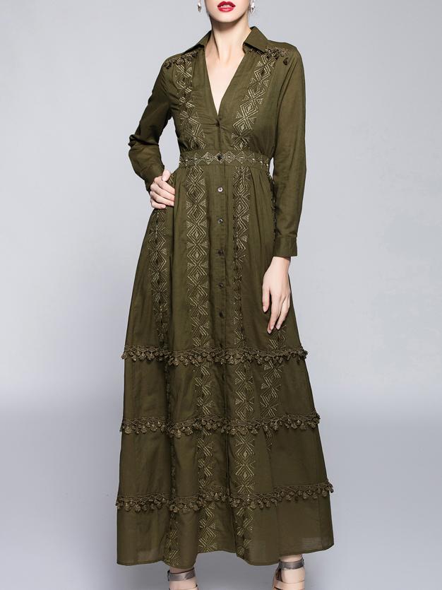 Shein Khaki V Neck Embroidered Fringe Maxi Dress