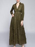 Shein Khaki V Neck Embroidered Fringe Maxi Dress