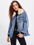 Shein Contrast Faux Fur Collar Ripped Detail Jacket
