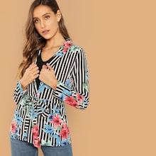 Shein Floral And Striped Print Blazer