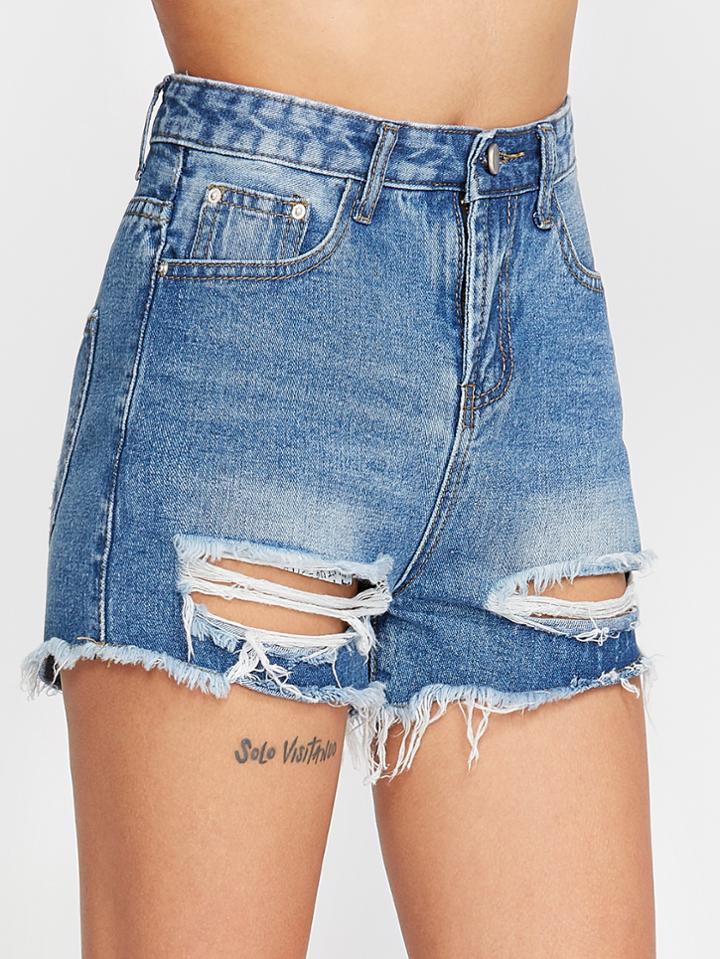 Shein Bleach Wash Distressed Denim Shorts