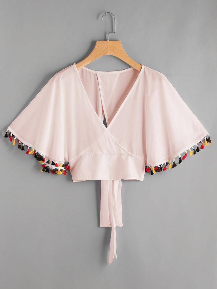 Shein Surplice Neckline Fringe Trim Tie Back Top