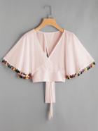 Shein Surplice Neckline Fringe Trim Tie Back Top