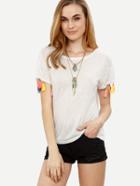 Shein White Short Sleeve Tassel Cuff T-shirt