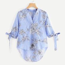 Shein Knot Cuff Floral Print Dip Hem Blouse