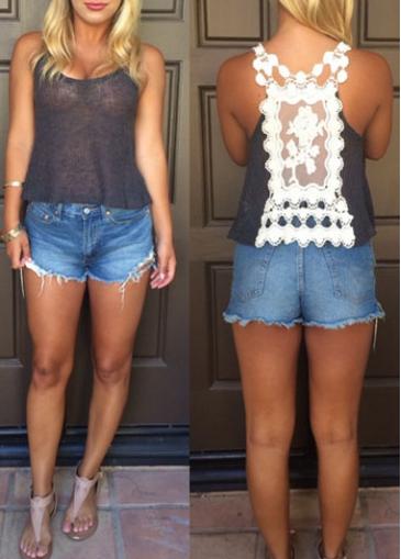 Rosewe Lace Splicing Navy Blue Tank Top