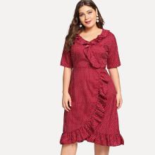 Shein Plus Polk Dot Ruffle Trim Overlap Dress