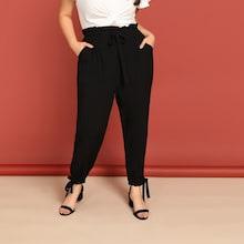 Shein Plus Slant Print Drawstring Waist Frilled Pants