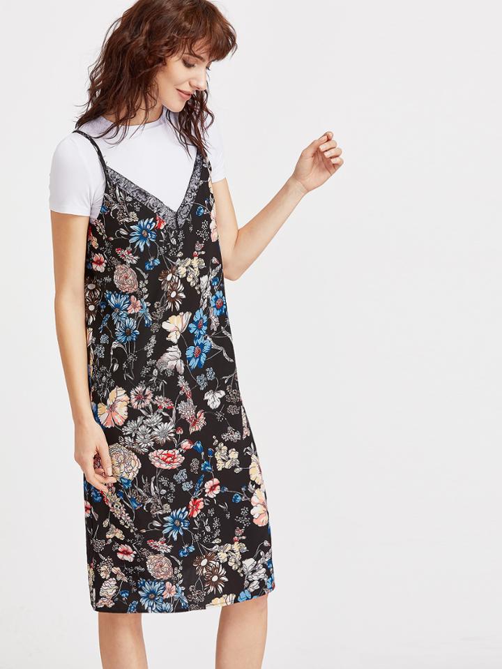 Shein Black Flower Print Lace Trim Cami Dress