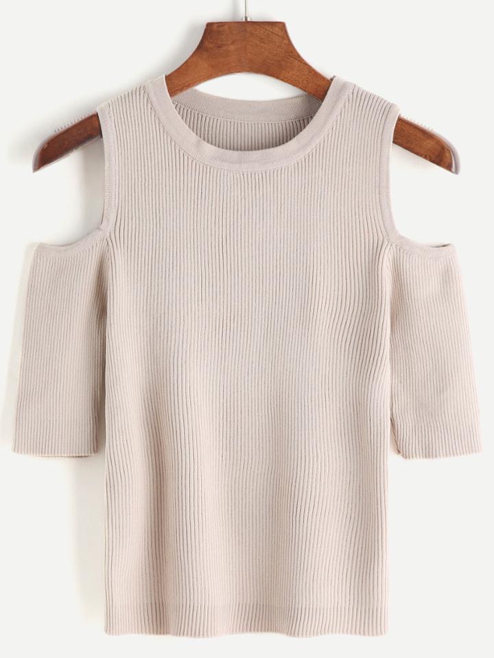 Shein Apricot Open Shoulder Knit Crop T-shirt
