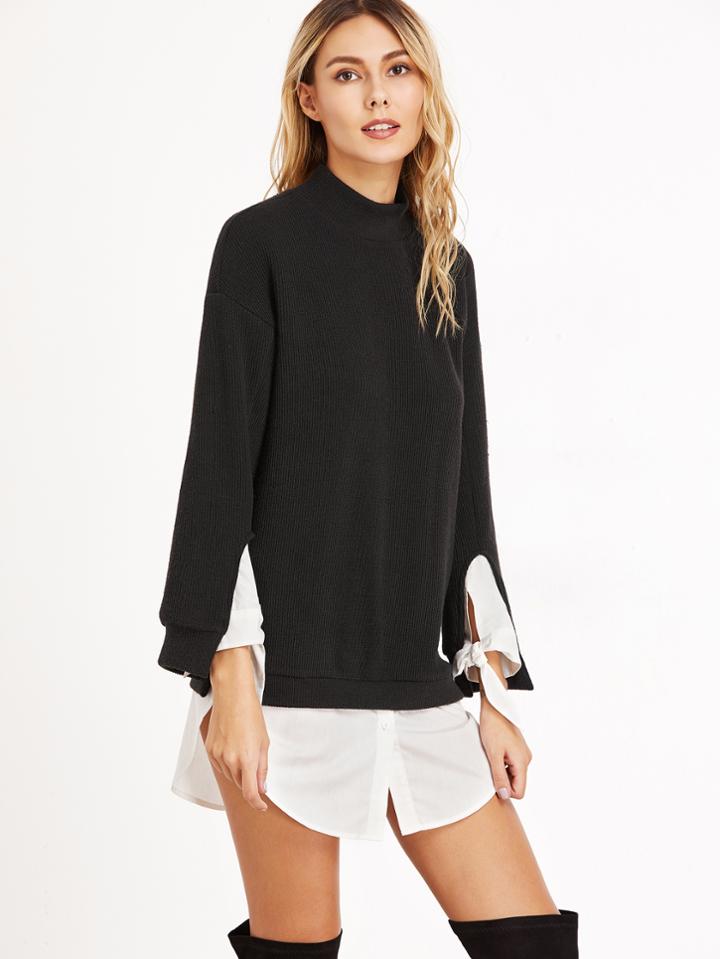 Shein Black Ribbed Knit Tie Sleeve Contrast Trim Sweatshirt