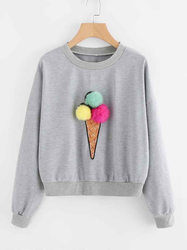 Shein Faux Fur Pom Pom Ice Cream Sweatshirt