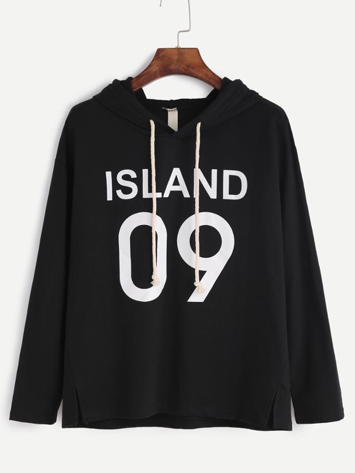 Shein Black Letter Print Slit Side Hooded T-shirt