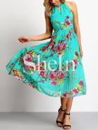 Shein Green Halter Neck Keyhole Front Floral Print Dress