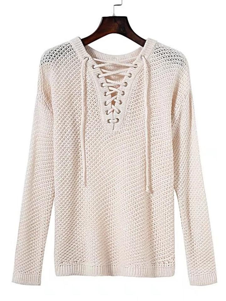 Shein Eyelet Lace Up V Neck Hollow Out Sweater