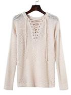 Shein Eyelet Lace Up V Neck Hollow Out Sweater