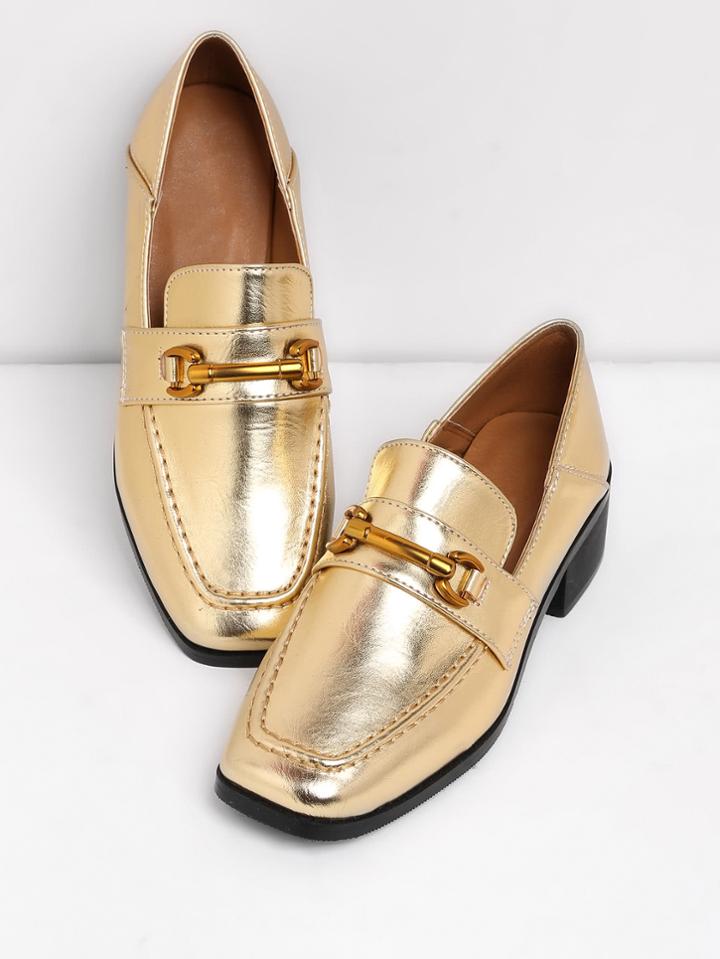 Shein Metallic Metal Detail Pu Block Heeled Shoes