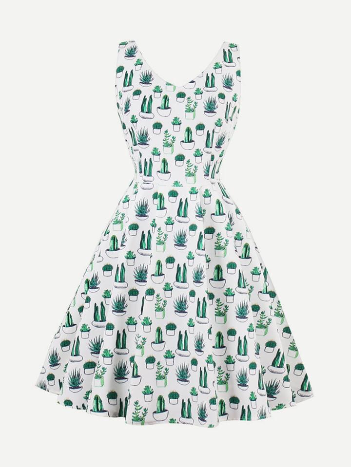 Shein V Neckline Cactus Print Dress