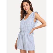 Shein Knot V Cut Back Lace Trim Pinstripe Romper