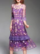 Shein Purple Sheer Flowers Gauze Embroidered Long Dress
