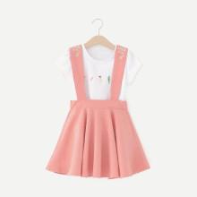 Shein Girls Floral Embroidered T-shirt With Overall Dress