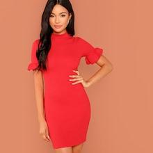 Shein Mock Neck Ruffle Cuff Solid Dress