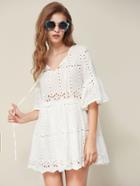 Shein Tie Neck Fluted Sleeve Eyelet Embroidered Smock Dress