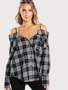 Shein Cold Shoulder Button Up Checkered Blouse