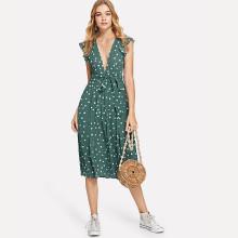Shein Plunging Neck Ruffle Armhole Belted Dress