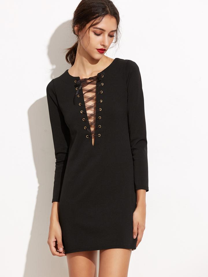 Shein Black Eyelet Lace Up Sheath Dress