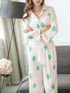 Shein Contrast Trim Cactus Print Shirt & Pants Pj Set