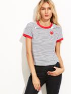 Shein White Striped Embroidered Patch Ringer T-shirt