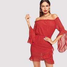 Shein Frilled Neck Flounce Sleeve Dot Mesh Dress